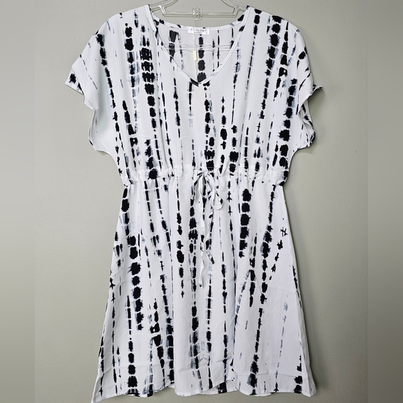 Womens Swimsuit Cover Up V Neck Short Sleeve Beachwear Dress, Black & White, MED - Picture 4 of 7